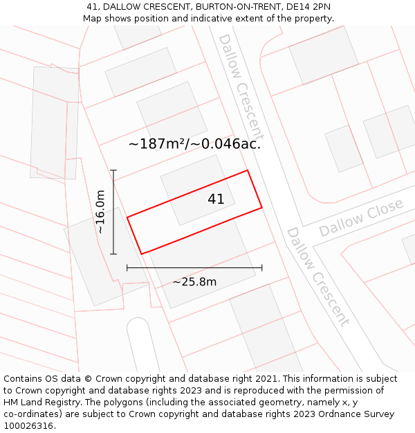 41, DALLOW CRESCENT, BURTON-ON-TRENT, DE14 2PN: Plot and title map