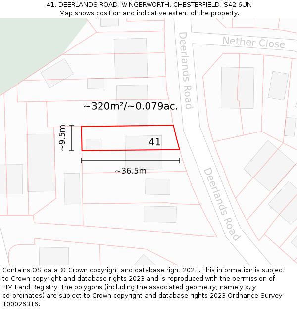 41, DEERLANDS ROAD, WINGERWORTH, CHESTERFIELD, S42 6UN: Plot and title map