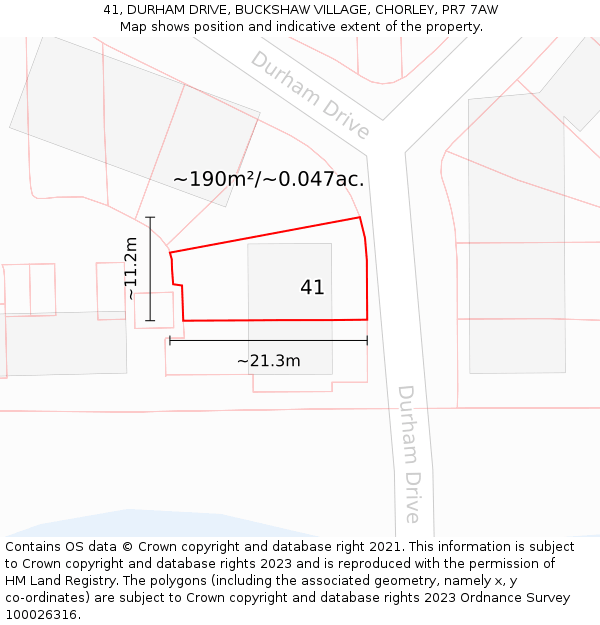 41, DURHAM DRIVE, BUCKSHAW VILLAGE, CHORLEY, PR7 7AW: Plot and title map