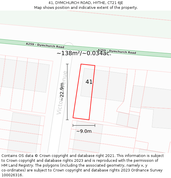 41, DYMCHURCH ROAD, HYTHE, CT21 6JE: Plot and title map