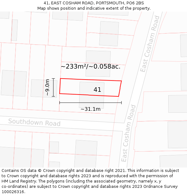 41, EAST COSHAM ROAD, PORTSMOUTH, PO6 2BS: Plot and title map