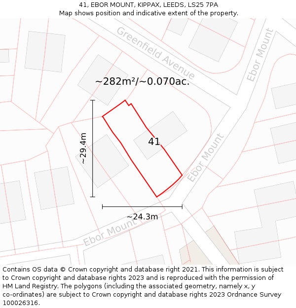41, EBOR MOUNT, KIPPAX, LEEDS, LS25 7PA: Plot and title map