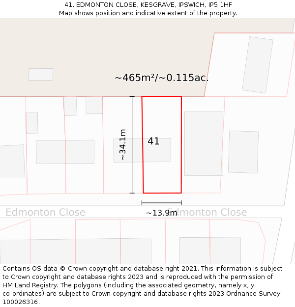 41, EDMONTON CLOSE, KESGRAVE, IPSWICH, IP5 1HF: Plot and title map