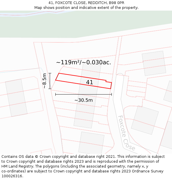 41, FOXCOTE CLOSE, REDDITCH, B98 0PR: Plot and title map