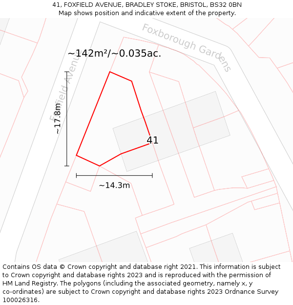 41, FOXFIELD AVENUE, BRADLEY STOKE, BRISTOL, BS32 0BN: Plot and title map