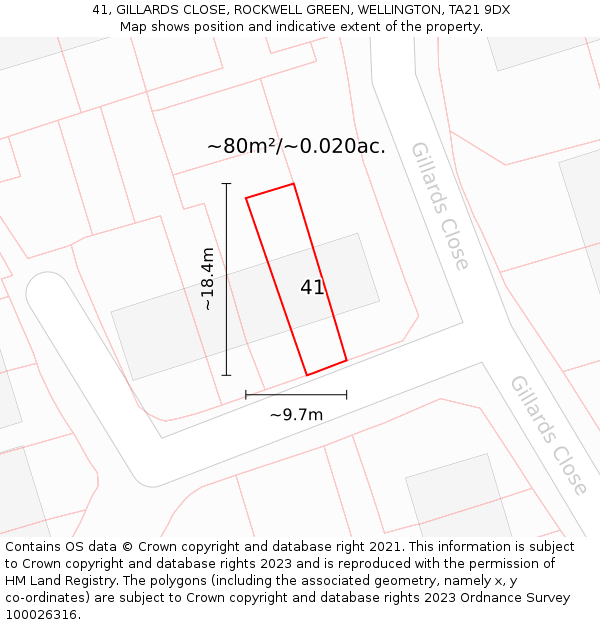 41, GILLARDS CLOSE, ROCKWELL GREEN, WELLINGTON, TA21 9DX: Plot and title map