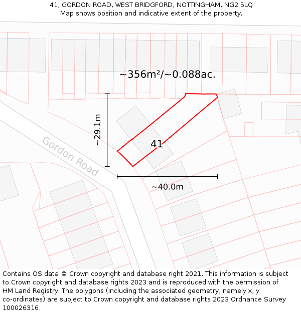 41, GORDON ROAD, WEST BRIDGFORD, NOTTINGHAM, NG2 5LQ: Plot and title map