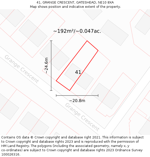 41, GRANGE CRESCENT, GATESHEAD, NE10 8XA: Plot and title map