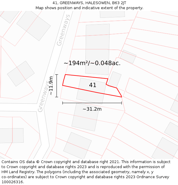 41, GREENWAYS, HALESOWEN, B63 2JT: Plot and title map