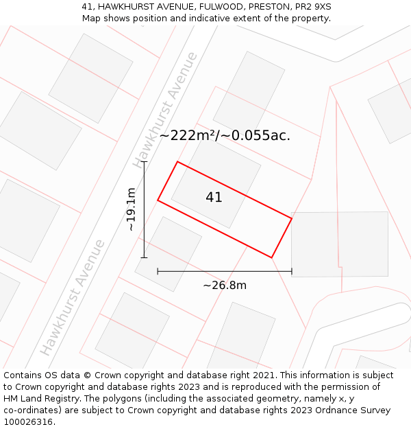 41, HAWKHURST AVENUE, FULWOOD, PRESTON, PR2 9XS: Plot and title map