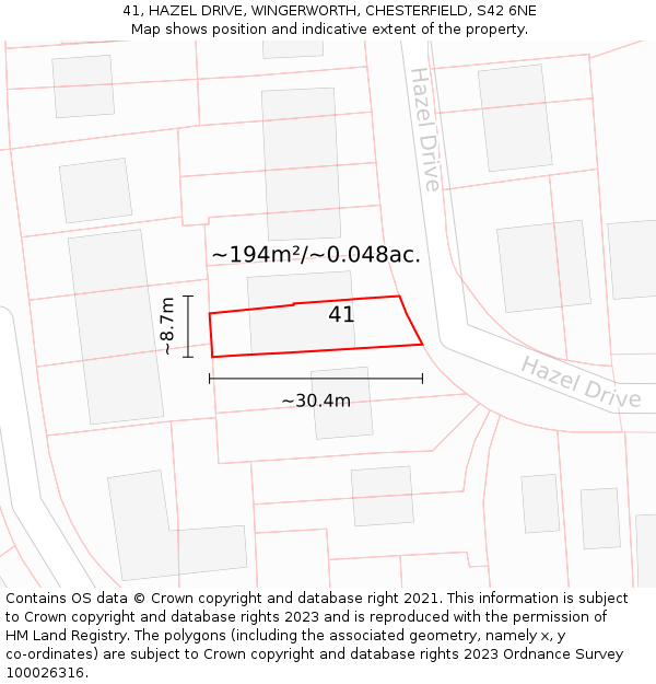 41, HAZEL DRIVE, WINGERWORTH, CHESTERFIELD, S42 6NE: Plot and title map