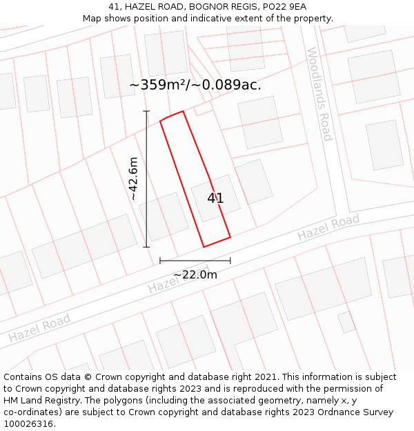 41, HAZEL ROAD, BOGNOR REGIS, PO22 9EA: Plot and title map