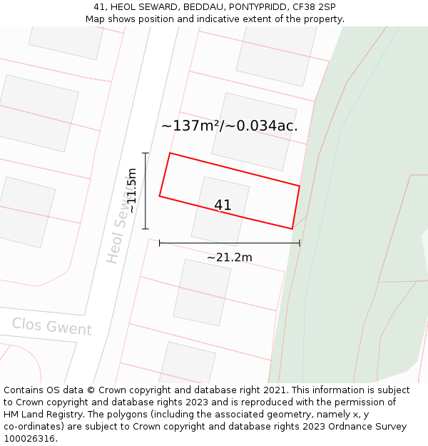 41, HEOL SEWARD, BEDDAU, PONTYPRIDD, CF38 2SP: Plot and title map