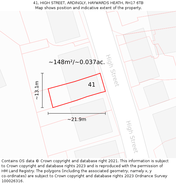 41, HIGH STREET, ARDINGLY, HAYWARDS HEATH, RH17 6TB: Plot and title map