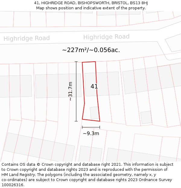 41, HIGHRIDGE ROAD, BISHOPSWORTH, BRISTOL, BS13 8HJ: Plot and title map