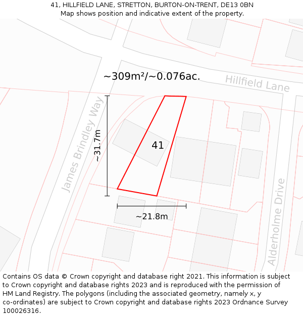 41, HILLFIELD LANE, STRETTON, BURTON-ON-TRENT, DE13 0BN: Plot and title map