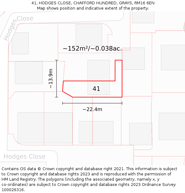 41, HODGES CLOSE, CHAFFORD HUNDRED, GRAYS, RM16 6EN: Plot and title map