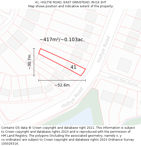 41, HOLTYE ROAD, EAST GRINSTEAD, RH19 3HT: Plot and title map