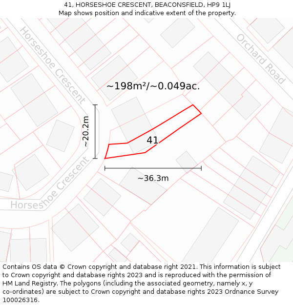 41, HORSESHOE CRESCENT, BEACONSFIELD, HP9 1LJ: Plot and title map