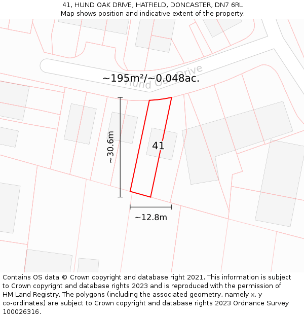 41, HUND OAK DRIVE, HATFIELD, DONCASTER, DN7 6RL: Plot and title map