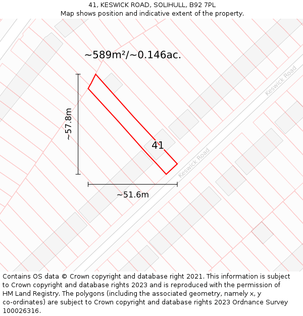 41, KESWICK ROAD, SOLIHULL, B92 7PL: Plot and title map