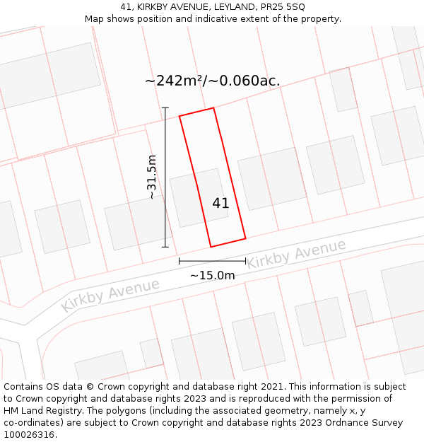 41, KIRKBY AVENUE, LEYLAND, PR25 5SQ: Plot and title map