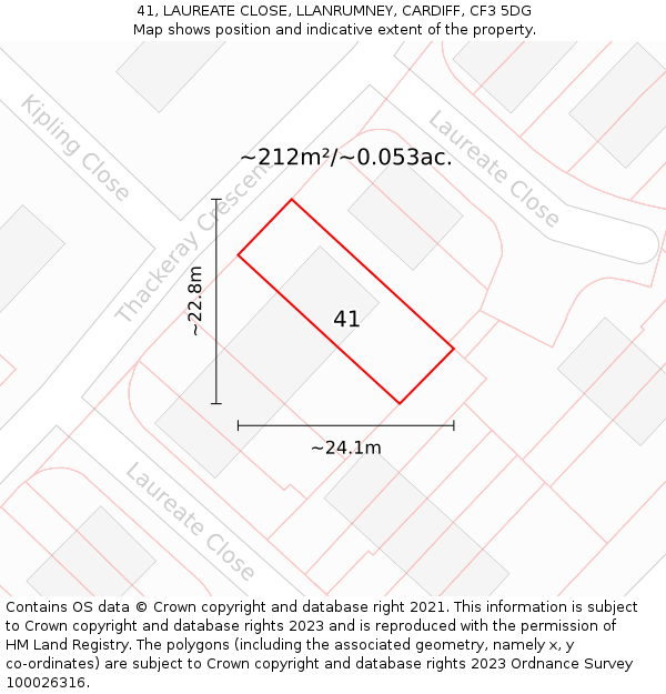 41, LAUREATE CLOSE, LLANRUMNEY, CARDIFF, CF3 5DG: Plot and title map