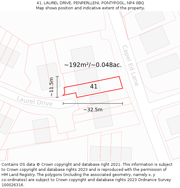 41, LAUREL DRIVE, PENPERLLENI, PONTYPOOL, NP4 0BQ: Plot and title map