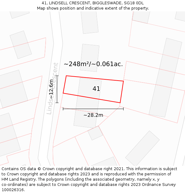 41, LINDSELL CRESCENT, BIGGLESWADE, SG18 0DL: Plot and title map