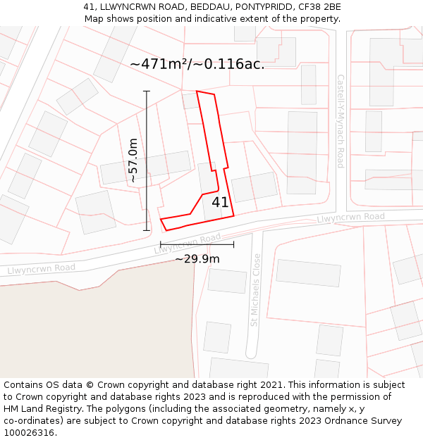 41, LLWYNCRWN ROAD, BEDDAU, PONTYPRIDD, CF38 2BE: Plot and title map