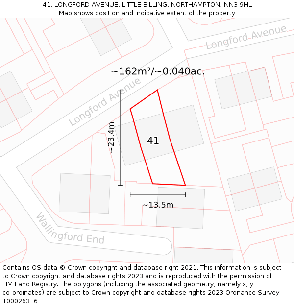 41, LONGFORD AVENUE, LITTLE BILLING, NORTHAMPTON, NN3 9HL: Plot and title map