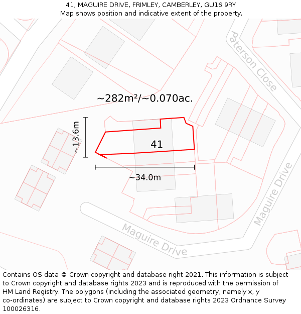 41, MAGUIRE DRIVE, FRIMLEY, CAMBERLEY, GU16 9RY: Plot and title map