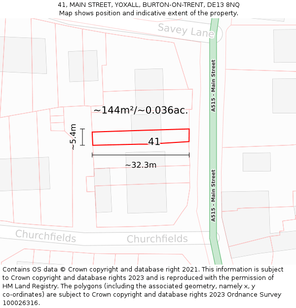 41, MAIN STREET, YOXALL, BURTON-ON-TRENT, DE13 8NQ: Plot and title map