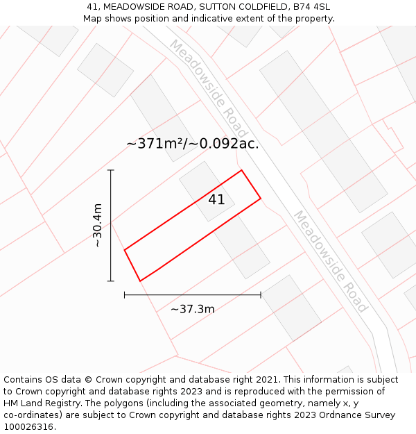 41, MEADOWSIDE ROAD, SUTTON COLDFIELD, B74 4SL: Plot and title map