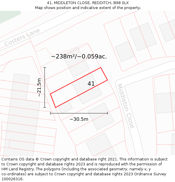 41, MIDDLETON CLOSE, REDDITCH, B98 0LX: Plot and title map