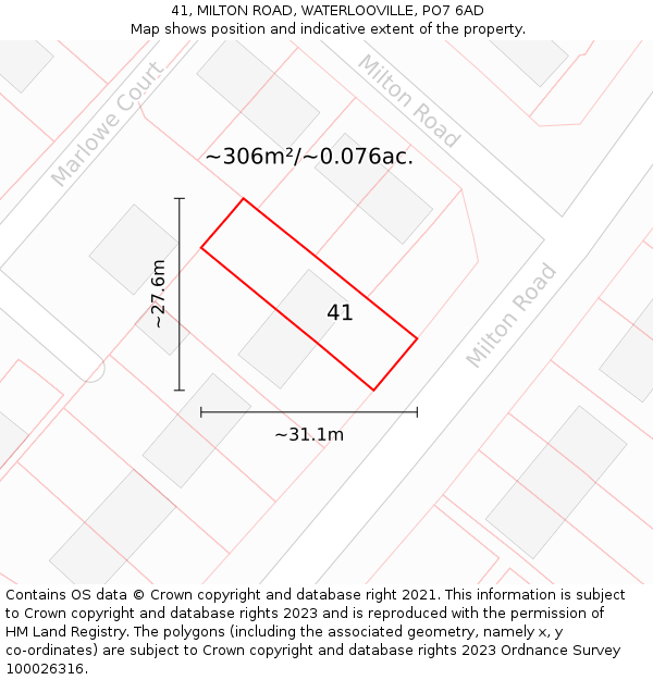 41, MILTON ROAD, WATERLOOVILLE, PO7 6AD: Plot and title map