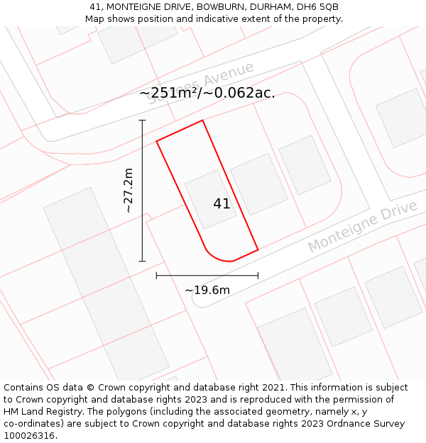 41, MONTEIGNE DRIVE, BOWBURN, DURHAM, DH6 5QB: Plot and title map