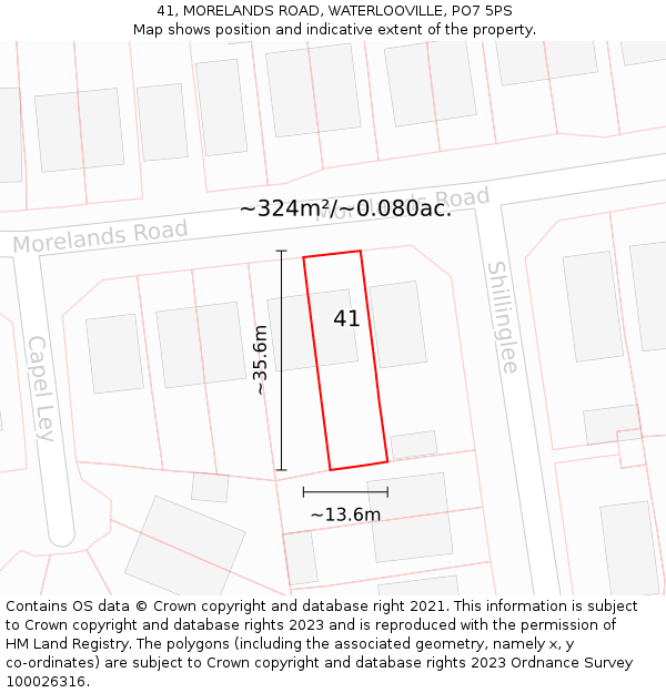 41, MORELANDS ROAD, WATERLOOVILLE, PO7 5PS: Plot and title map