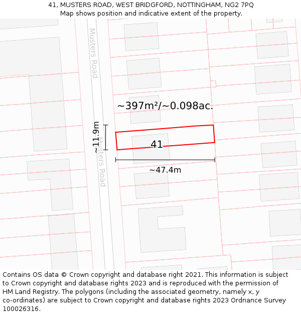 41, MUSTERS ROAD, WEST BRIDGFORD, NOTTINGHAM, NG2 7PQ: Plot and title map