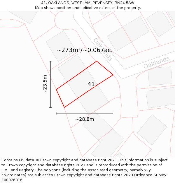 41, OAKLANDS, WESTHAM, PEVENSEY, BN24 5AW: Plot and title map