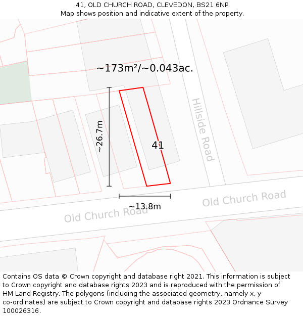 41, OLD CHURCH ROAD, CLEVEDON, BS21 6NP: Plot and title map