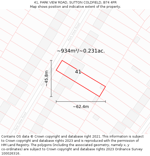 41, PARK VIEW ROAD, SUTTON COLDFIELD, B74 4PR: Plot and title map