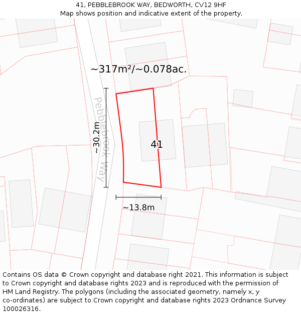 41, PEBBLEBROOK WAY, BEDWORTH, CV12 9HF: Plot and title map