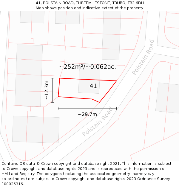 41, POLSTAIN ROAD, THREEMILESTONE, TRURO, TR3 6DH: Plot and title map