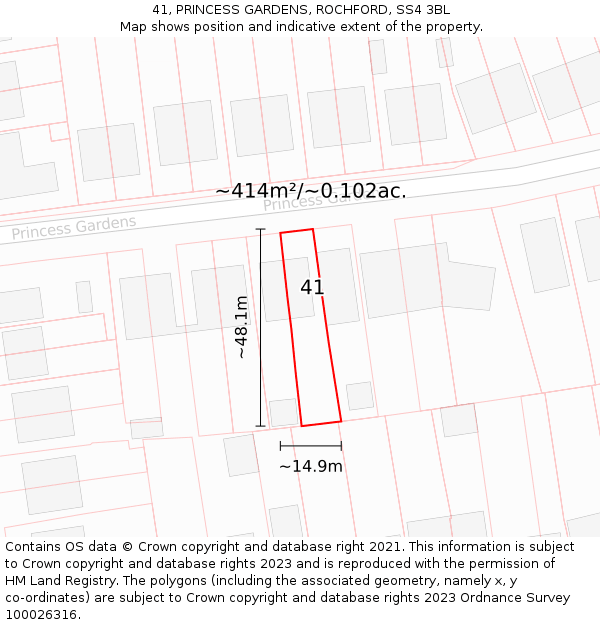 41, PRINCESS GARDENS, ROCHFORD, SS4 3BL: Plot and title map