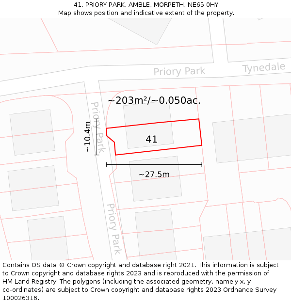 41, PRIORY PARK, AMBLE, MORPETH, NE65 0HY: Plot and title map