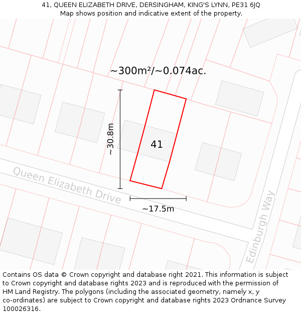 41, QUEEN ELIZABETH DRIVE, DERSINGHAM, KING'S LYNN, PE31 6JQ: Plot and title map