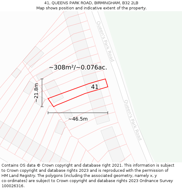 41, QUEENS PARK ROAD, BIRMINGHAM, B32 2LB: Plot and title map