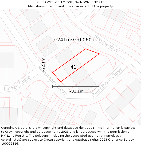 41, RAMSTHORN CLOSE, SWINDON, SN2 2TZ: Plot and title map