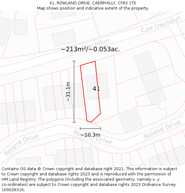 41, ROWLAND DRIVE, CAERPHILLY, CF83 1TX: Plot and title map